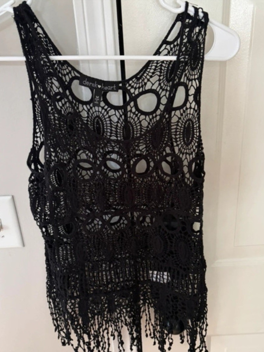 Derek Heart Black Crochet Fringe Tank Top/Swim Coverup